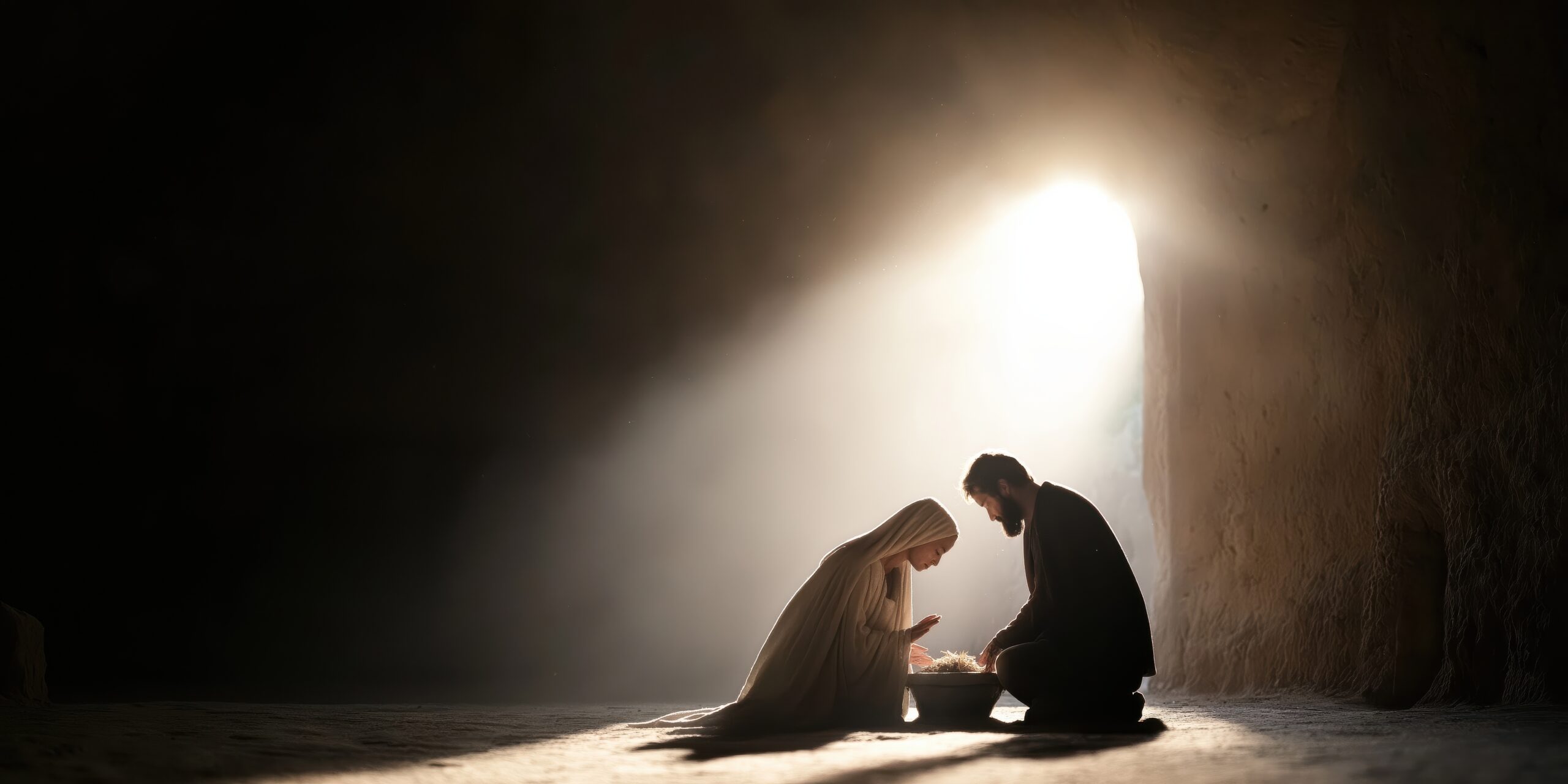 Mary and Joseph are by the manger in the stable caring for the infant Jesus