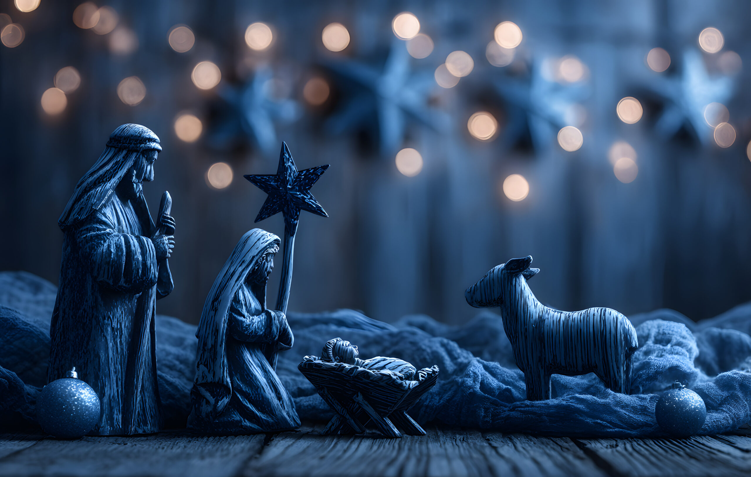 Blue Christmas Nativity scene greeting card background.